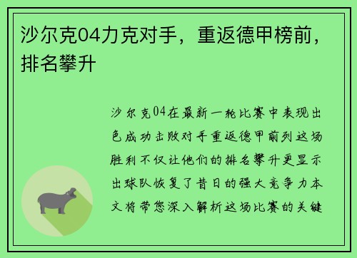 沙尔克04力克对手，重返德甲榜前，排名攀升